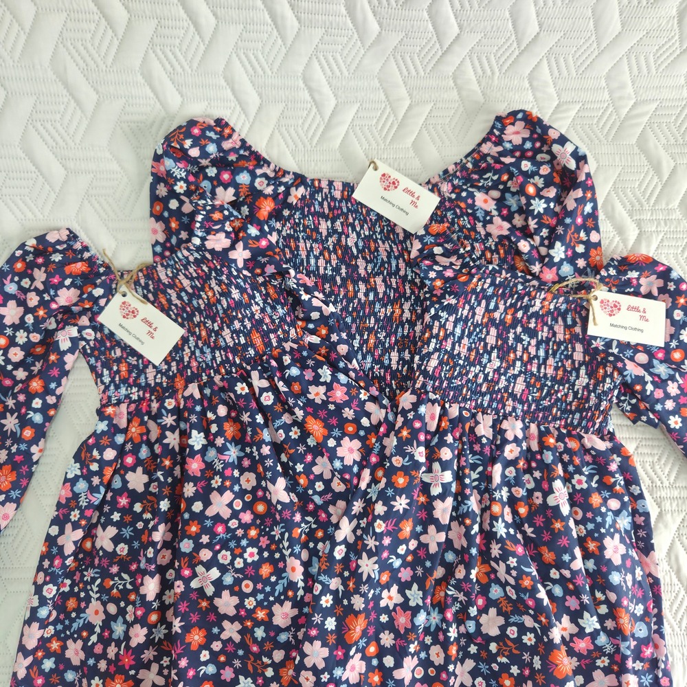 Little & Me Matching Floral Dresses Set 3 Mommy and Me S M XL Navy NWT Smocked - Picture 4 of 12